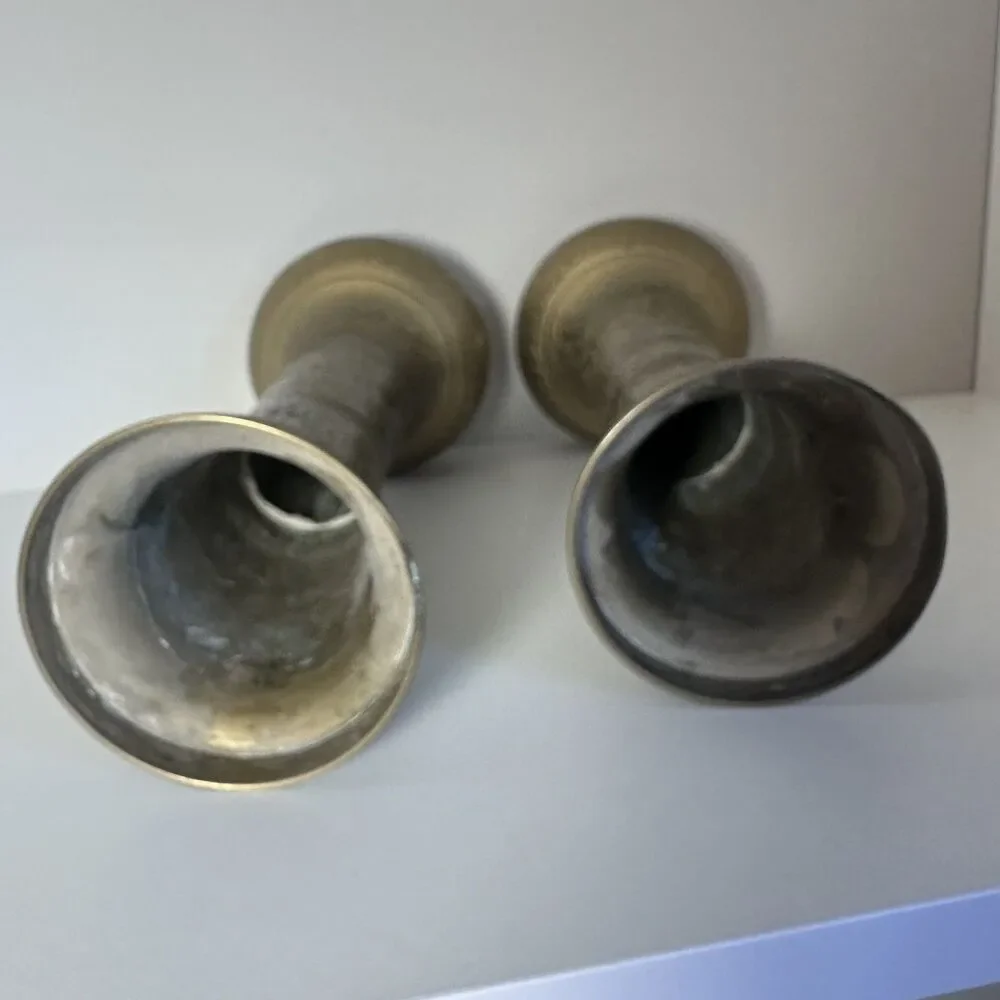 Vintage Pair Etched Brass Vases 11.5” Floral Engraved Made in India Boho Decor